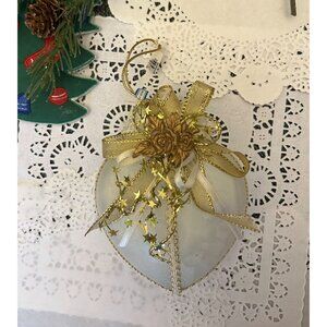 Vintage Shatterproof Glass  White Gold Tinsel Roses Christmas Heart Ornament